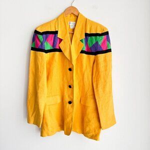 Vintage Moiselle Linen Yellow Geometric Print Detail Blazer 12